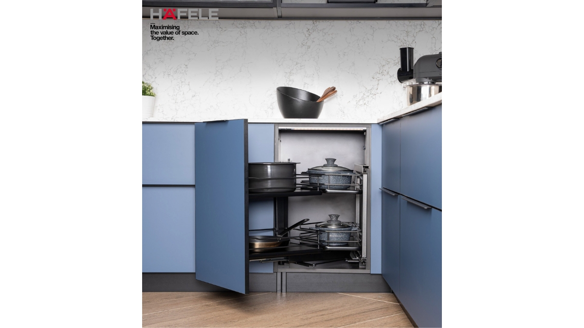 Hafele Astute Corner Storage Solution Maximises Kitchen Corner Spaces